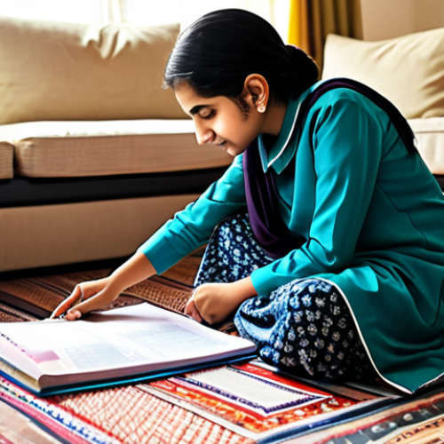 Home 16 Supportive Mother**
"A caring mother, fully clothed in a modest shalwar kameez, sits on the floor in a brightly lit living room, helping her young daughter with her homework. The daughter is also fully clothed in a school uniform. Books and papers are scattered around them. Safe for work, appropriate content, family-friendly, perfect anatomy, natural pose, high-resolution, professional illustration."
**